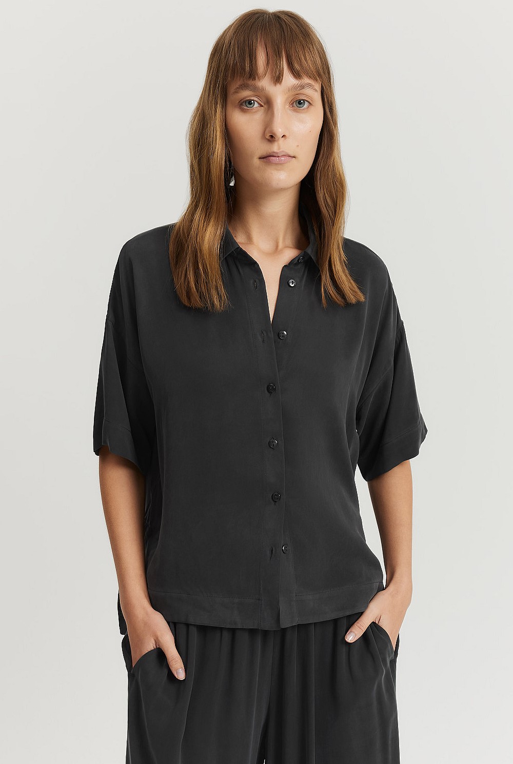 Black Short Sleeve Cupro Shirt - Shirts | Country Road