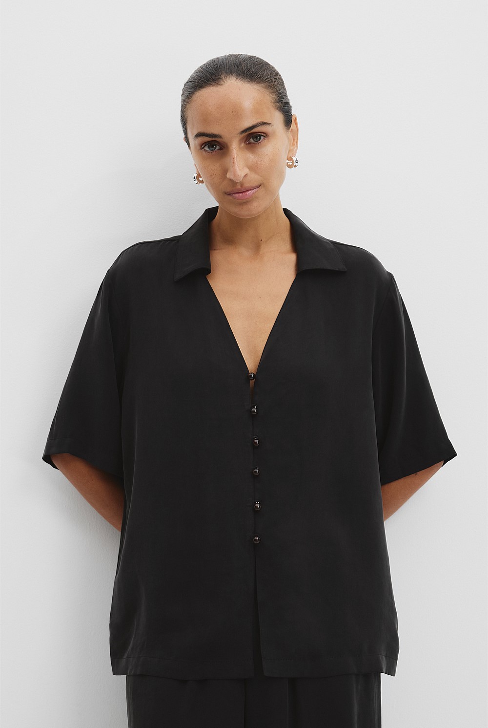 Black Cupro Button Front Top - T-Shirts & Tops | Country Road