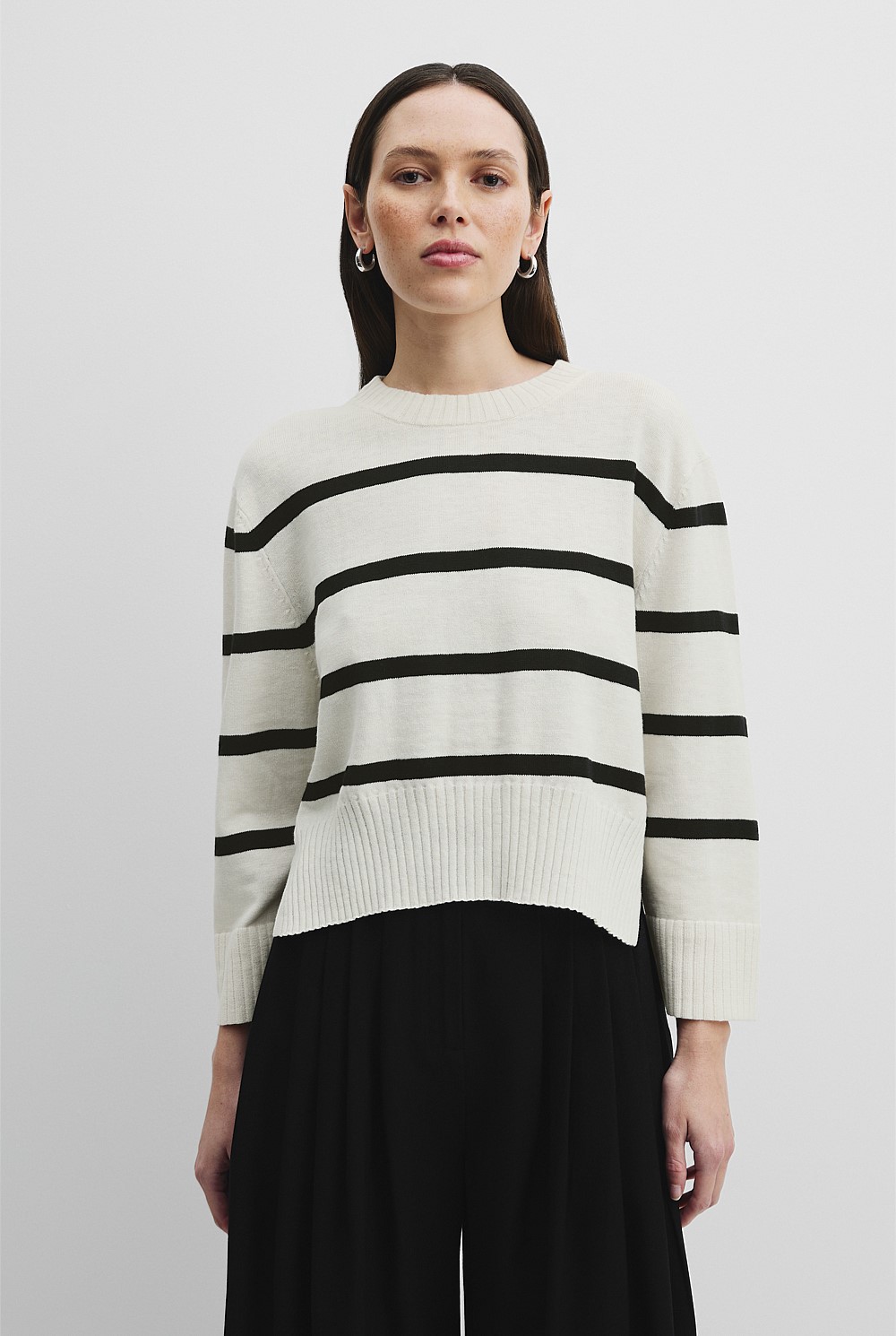 Black Stripe Organically Grown Cotton Linen Stripe Crew Neck Knit