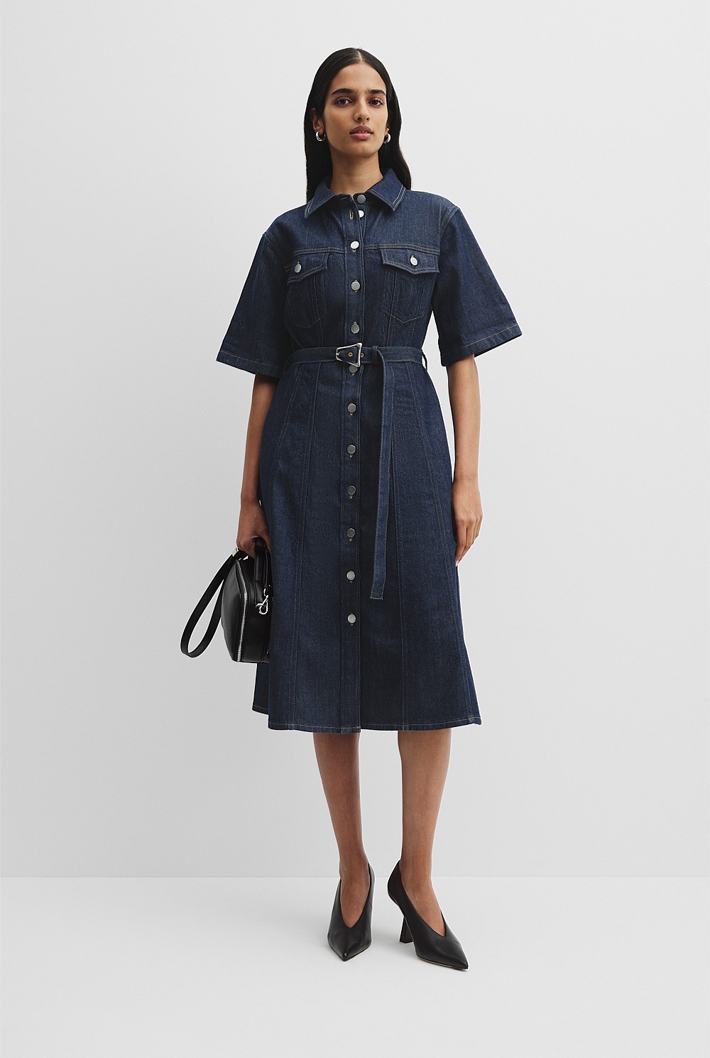knee length dresses for ladies Short Sleeve Denim Wrap Midi Dress in Blue main image 0