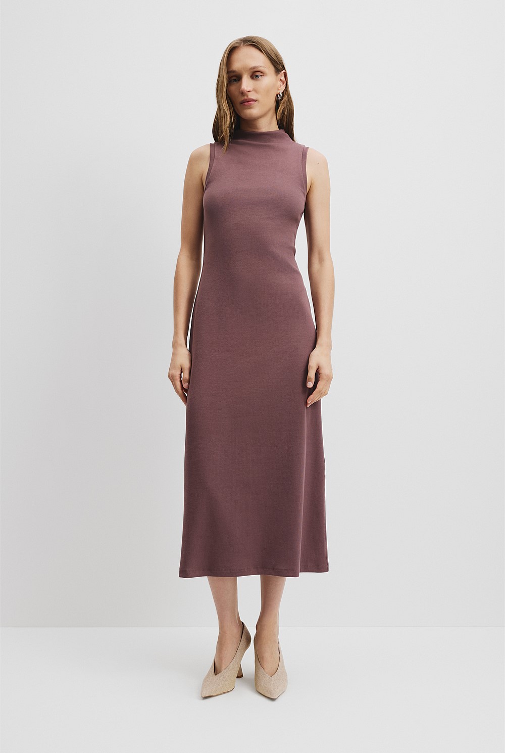 Port Cotton Blend Mock Neck Rib Dress - Dresses | Country Road Port Cotton Blend Mock Neck Rib Dress - Dresses | Country Road
