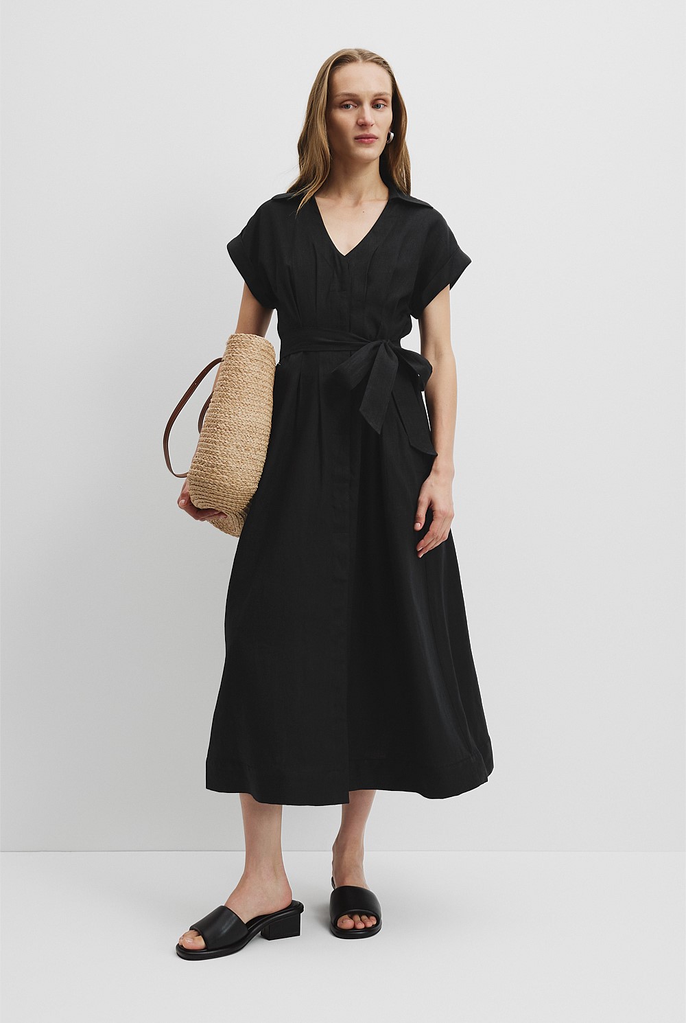 Black Organically Grown Linen Tuck Detail Midi Dress - Holiday | Country Road Black Organically Grown Linen Tuck Detail Midi Dress - Holiday | Country Road