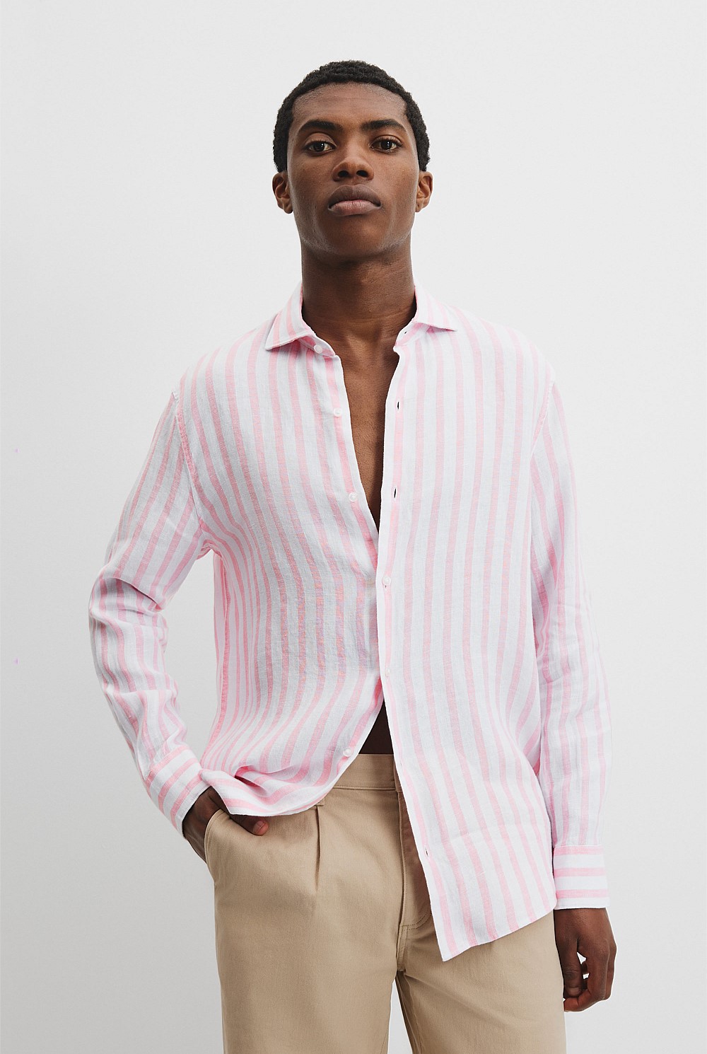 Pink Multi Tailored Fit Organically Grown Linen Stripe Shirt
