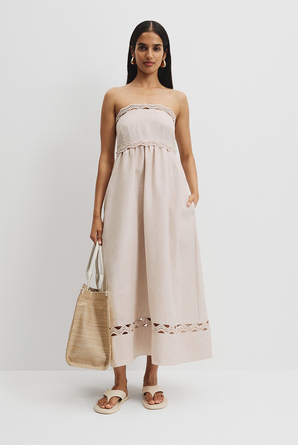 Bisque Linen Scallop Trim Midi Dress - Dresses | Country Road Bisque Linen Scallop Trim Midi Dress - Dresses | Country Road