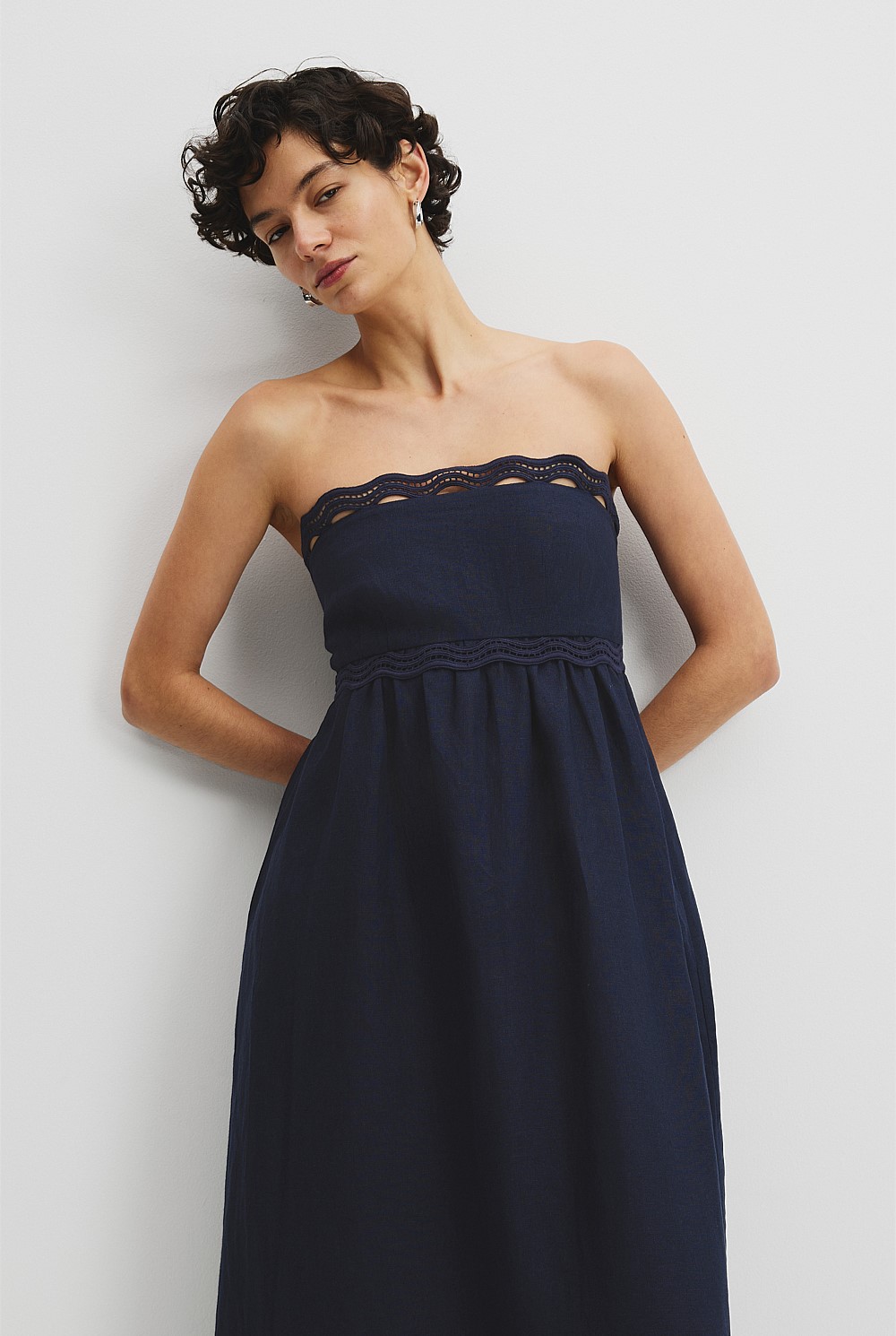 Navy Linen Scallop Trim Midi Dress - Dresses | Country Road