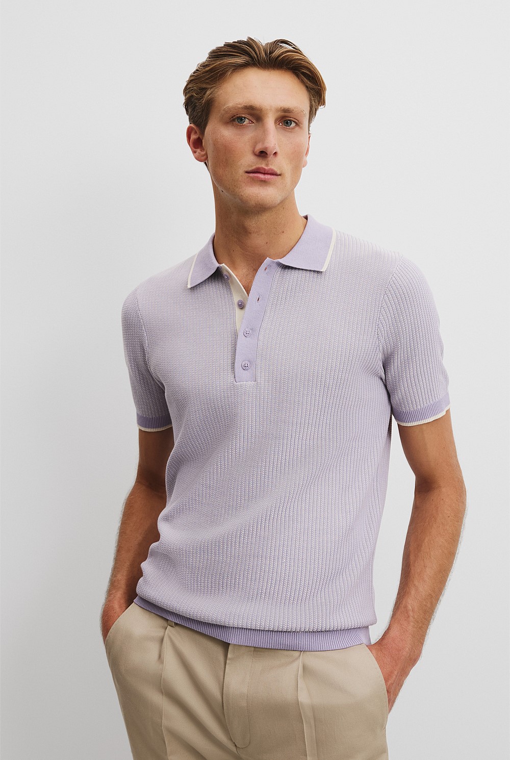 Lavender Cotton Silk Textured Knit Polo - Knitwear | Country Road