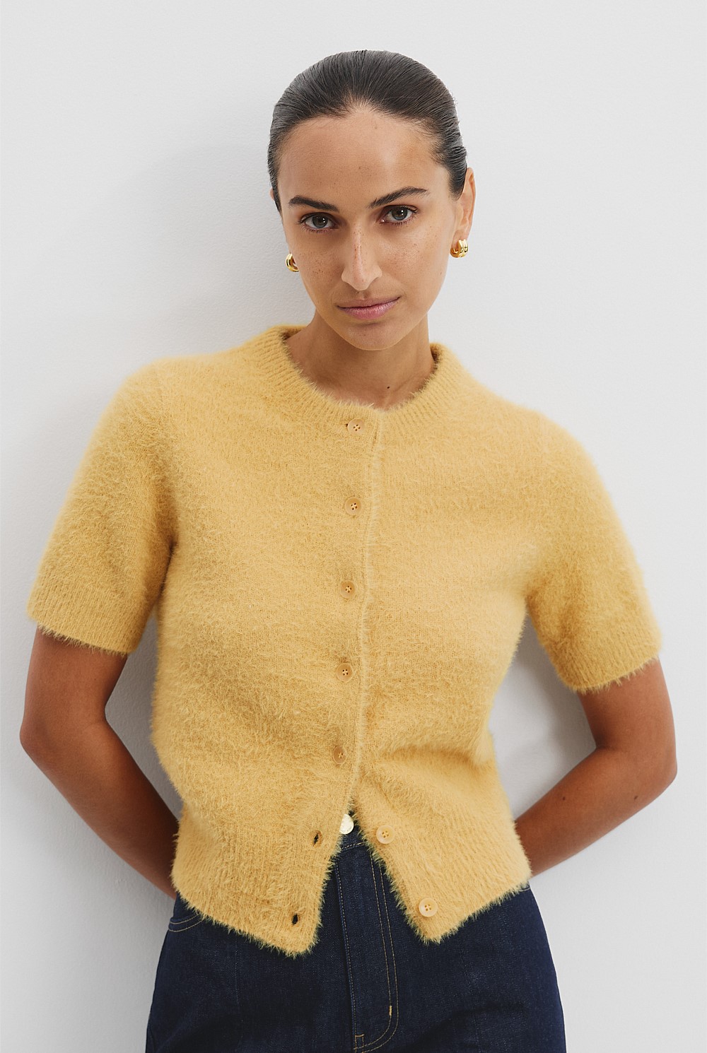 Ochre Fluffy Button Detail Knit - Knitwear | Country Road