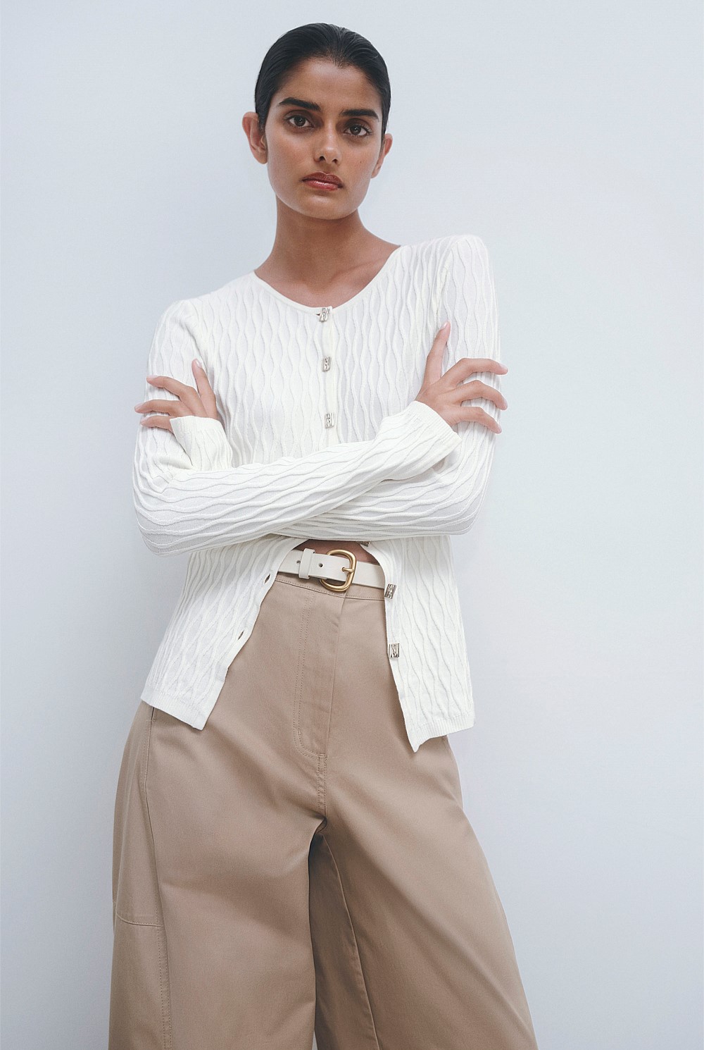 Antique White Long Sleeve Pattern Knit Top - Knitwear | Country Road