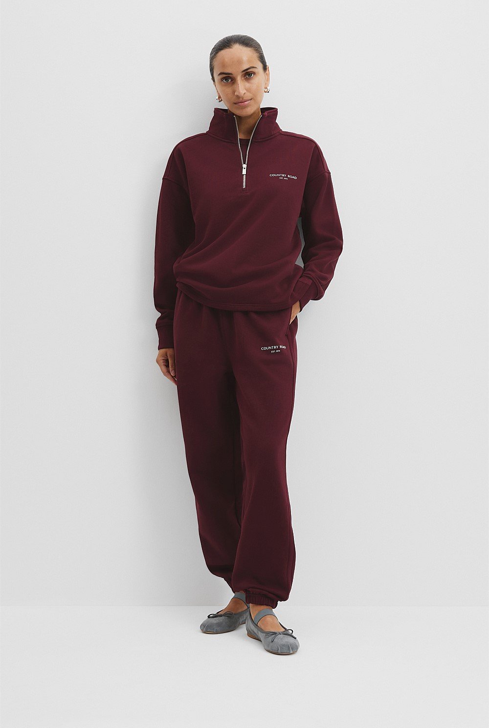 Bordeaux Australian Cotton Zip Collar Sweat - Sweats | Country Road