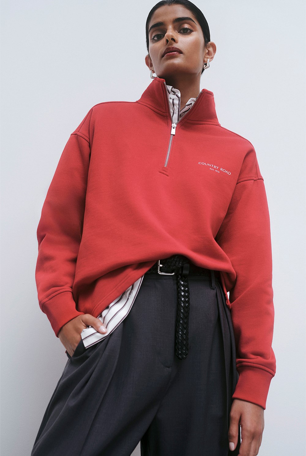 Cherry Australian Cotton Zip Collar Sweat - Sweats | Country Road