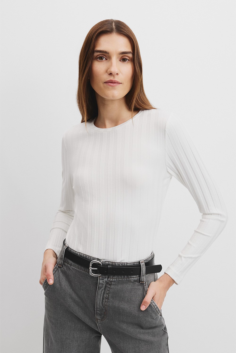 White Wide Rib Long Sleeve T-Shirt - T-Shirts & Tops | Country Road White Wide Rib Long Sleeve T-Shirt - T-Shirts & Tops | Country Road