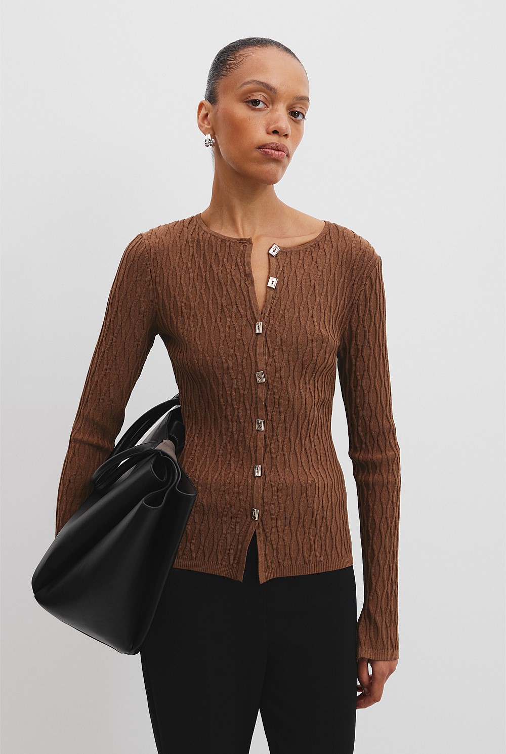 Hazelnut Long Sleeve Pattern Knit Top - Knitwear | Country Road