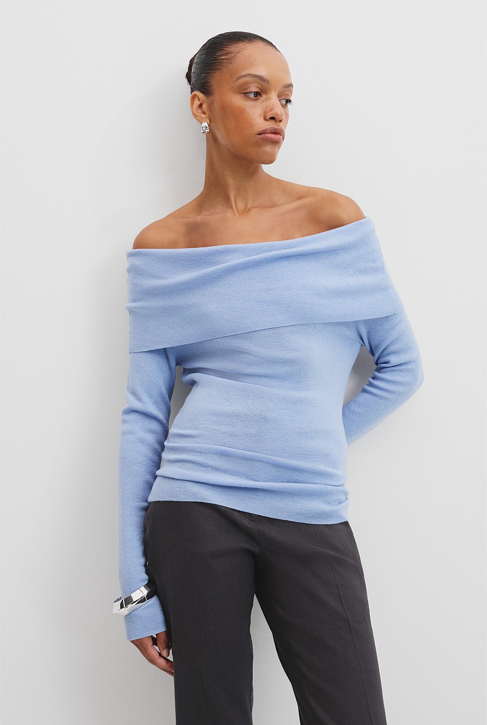 Lake Blue Off-Shoulder Detail Knit - Knitwear | Country Road
