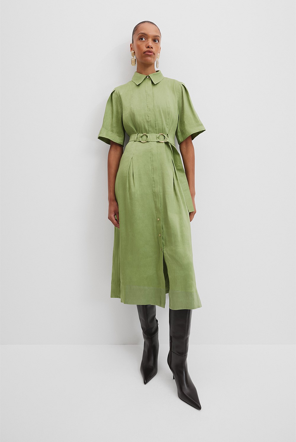 linen shirt dress green Women's Linen Shirt Dress main image 1