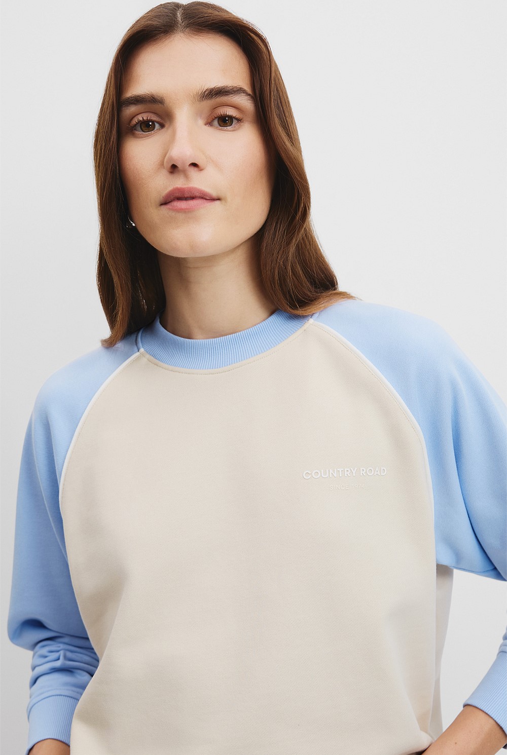 Lake Blue Australian Cotton Colour Block Crew Sweat - Sweats