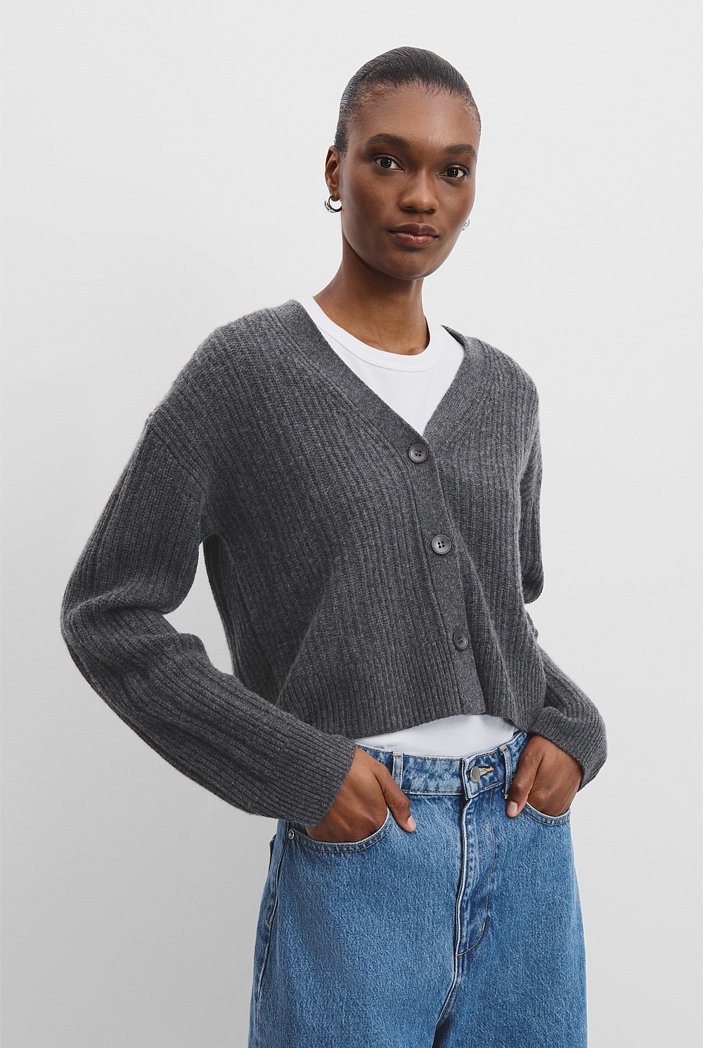 Charcoal Marle Merino Wool Rib Knit Cardigan - Knitwear | Country Road