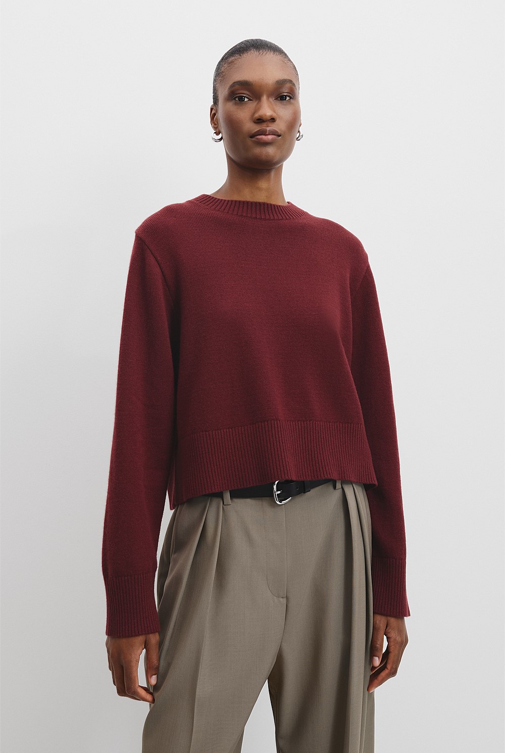 Rosewood Organically Grown Cotton Blend Crop Crew Neck Knit
