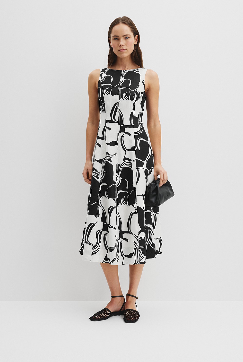 Black Swirl Geo Linen Print Fit-and-Flare Dress - Holiday | Country Road Black Swirl Geo Linen Print Fit-and-Flare Dress - Holiday | Country Road