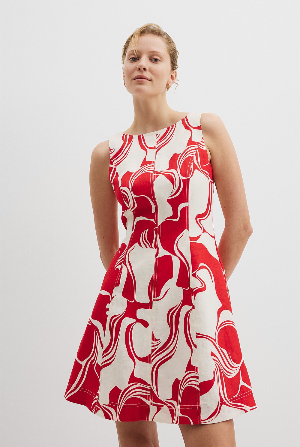 Fiesta Swirl Geo Linen Print Flared Mini Dress - Holiday | Country Road Fiesta Swirl Geo Linen Print Flared Mini Dress - Holiday | Country Road