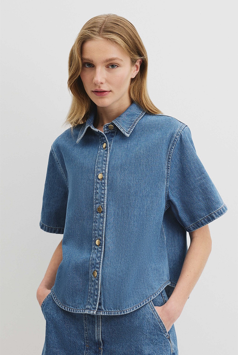 Mid Blue Wash Short Sleeve Denim Shirt - Shirts | Country Road