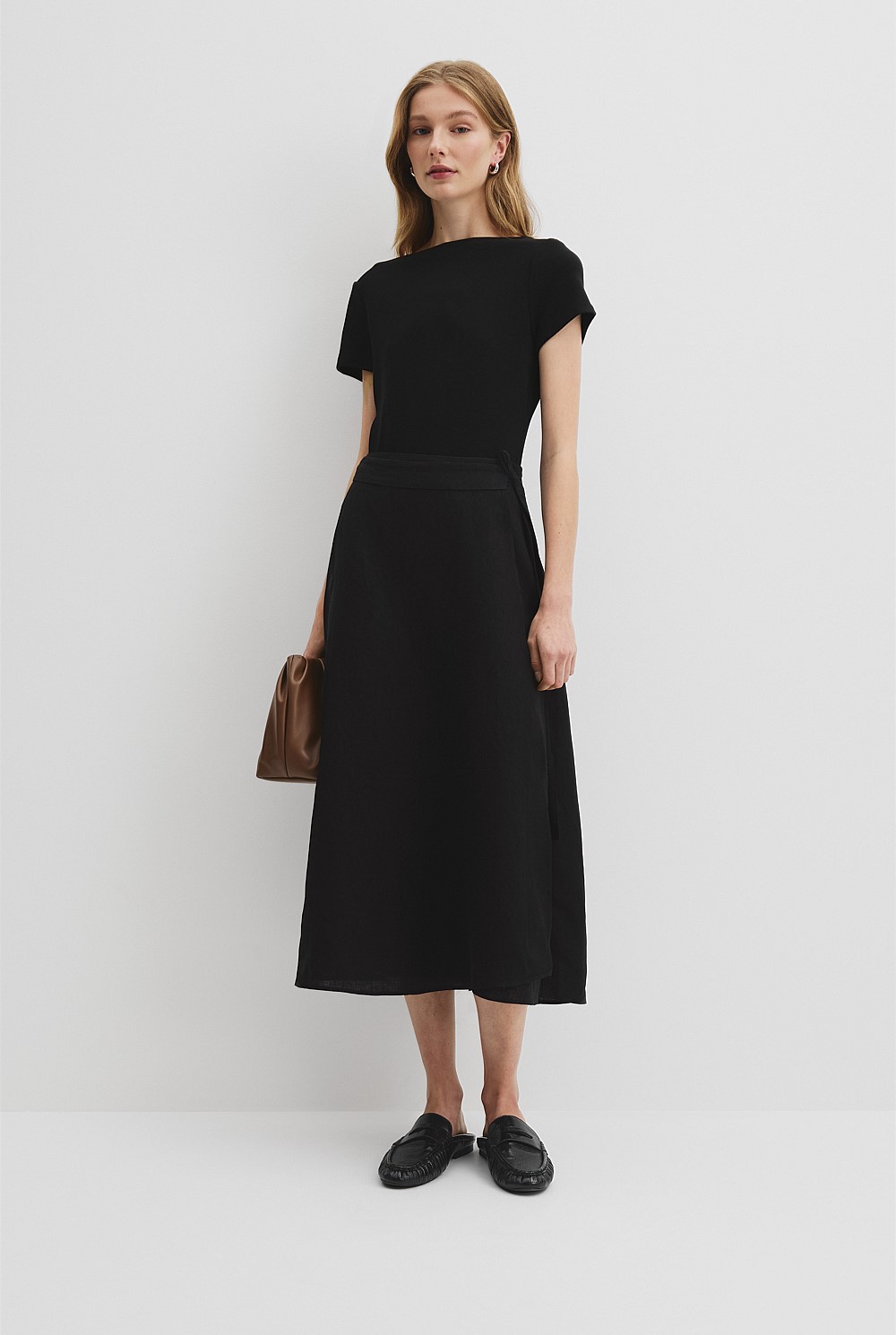 Black Organically Grown Linen Wrap Midi Skirt - Holiday | Country Road Black Organically Grown Linen Wrap Midi Skirt - Holiday | Country Road