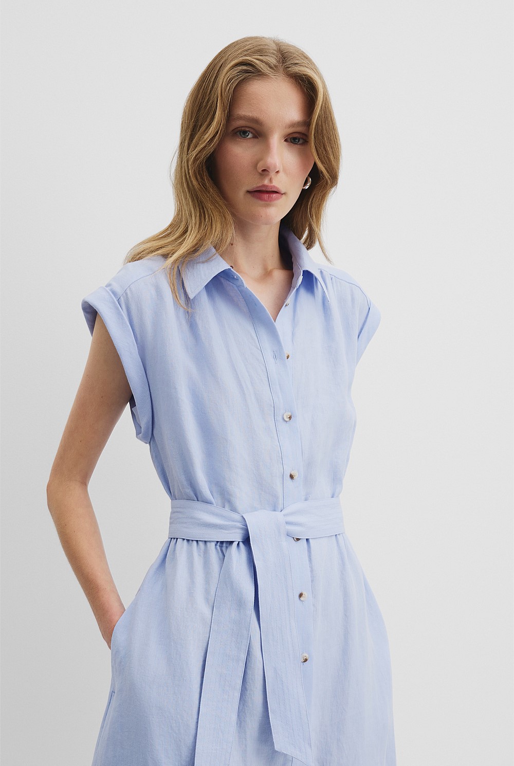 Ice Blue Organically Grown Linen Tiered Midi Dress - Holiday | Country Road Ice Blue Organically Grown Linen Tiered Midi Dress - Holiday | Country Road