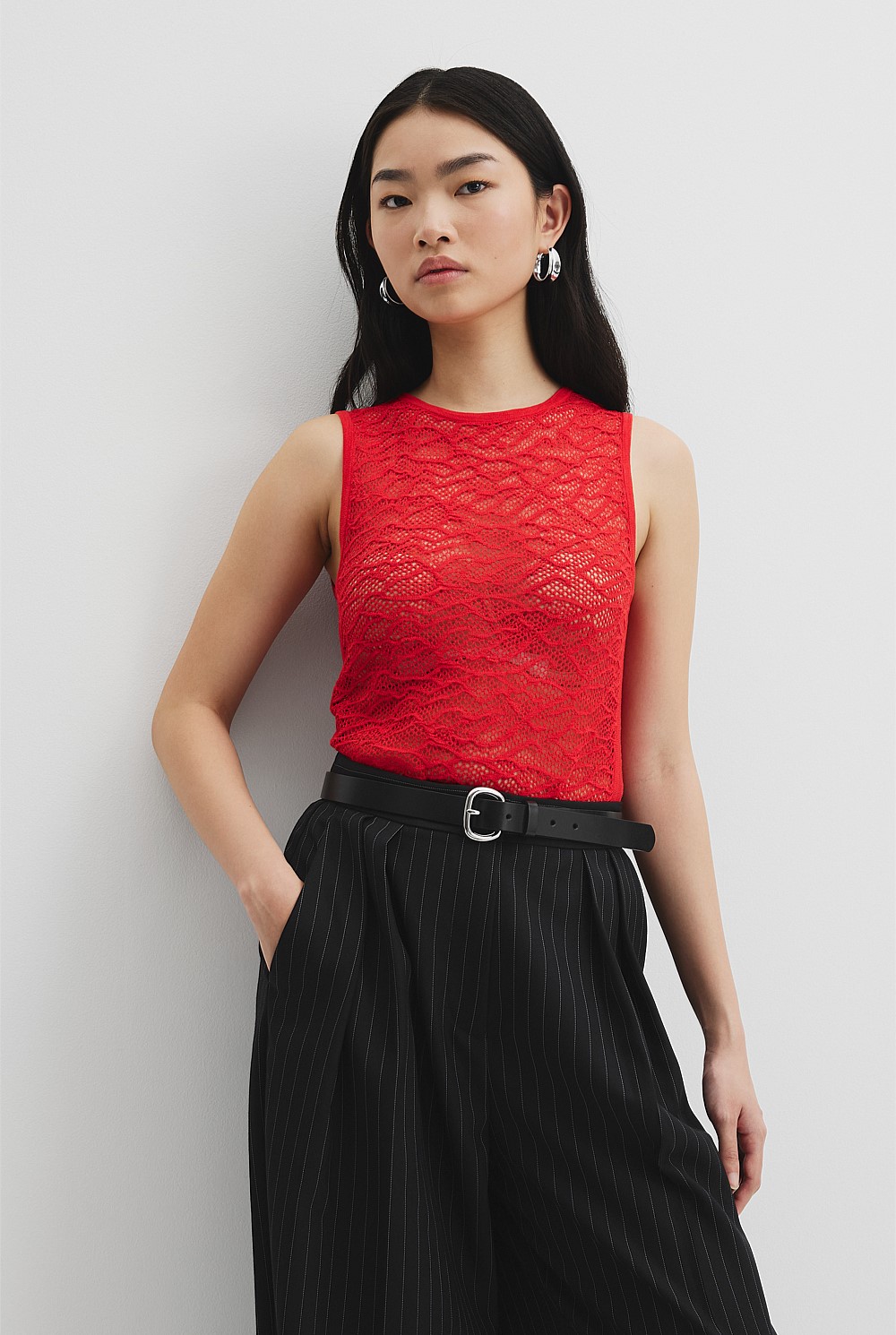 Vivid Red Lace Knit Tank - Knitwear | Country Road