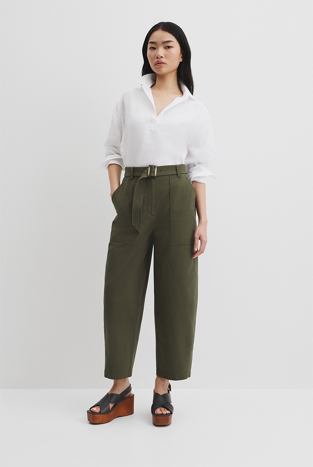 Deep Olive Organically Grown Cotton Belted Panel Pant - Holiday