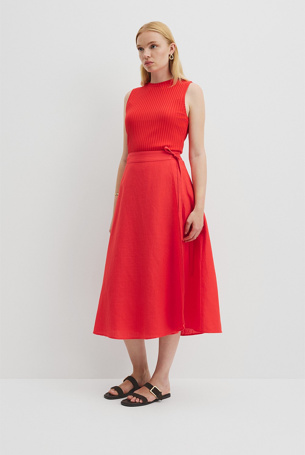 Vivid Red Organically Grown Linen Wrap Midi Skirt - Holiday | Country Road