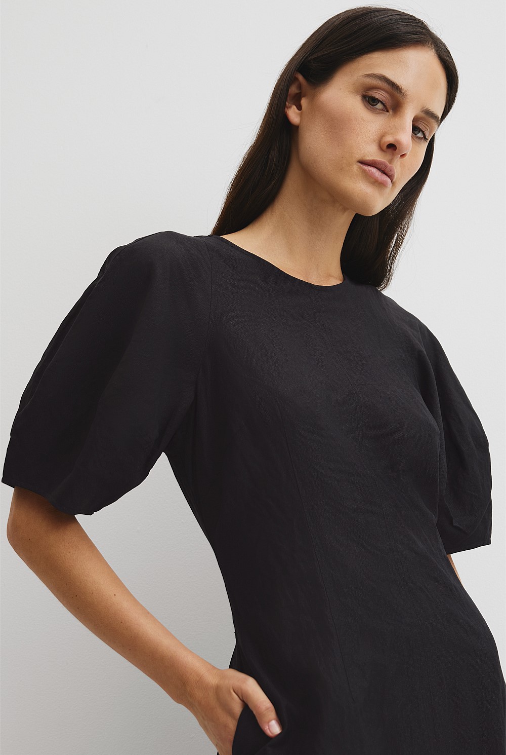 black blouson dress Black Chiffon Blouson Midi Dress With Flutter Sleeves