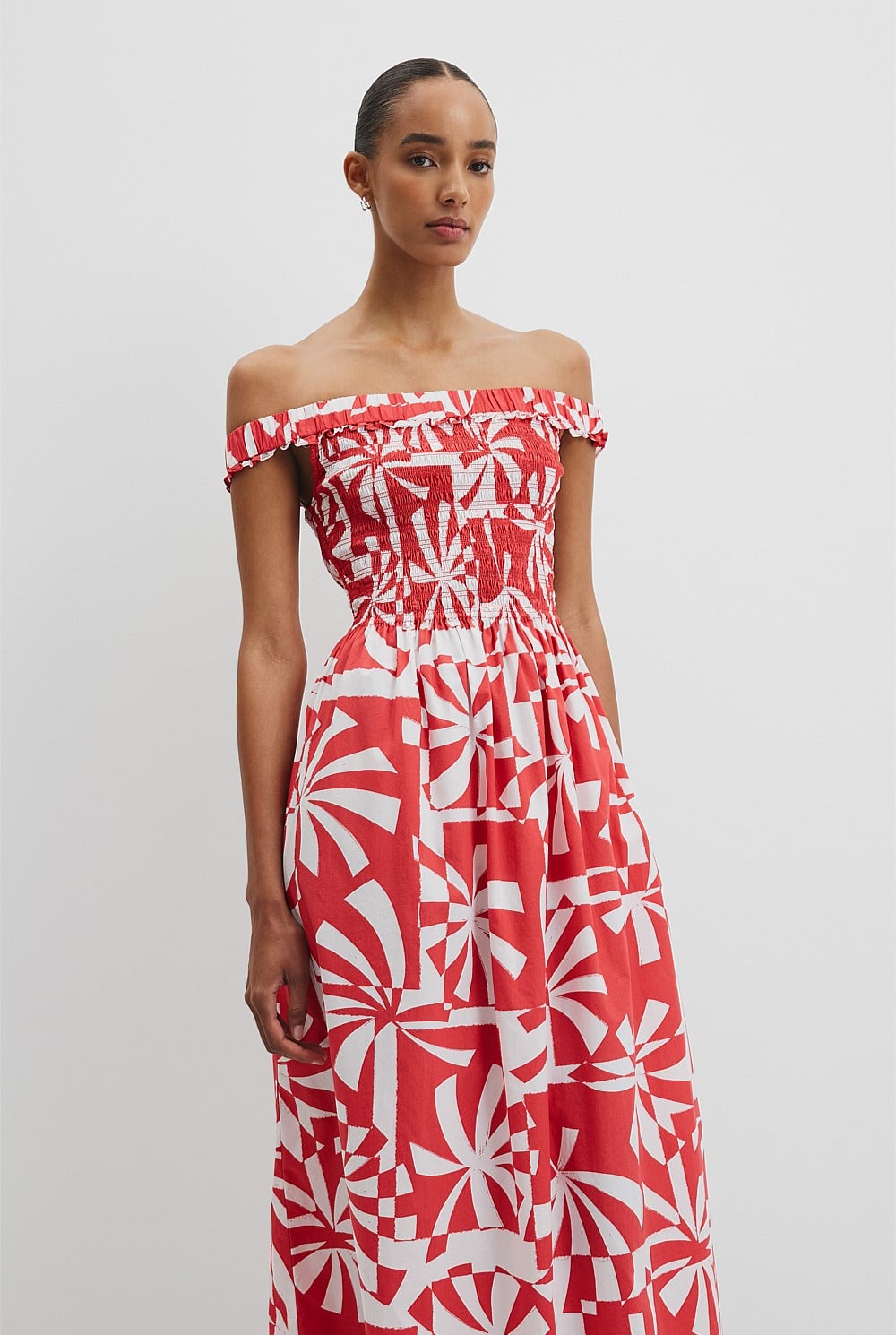 Cayenne Palm Geo Print Shirred Midi Dress - Event | Country Road Cayenne Palm Geo Print Shirred Midi Dress - Event | Country Road