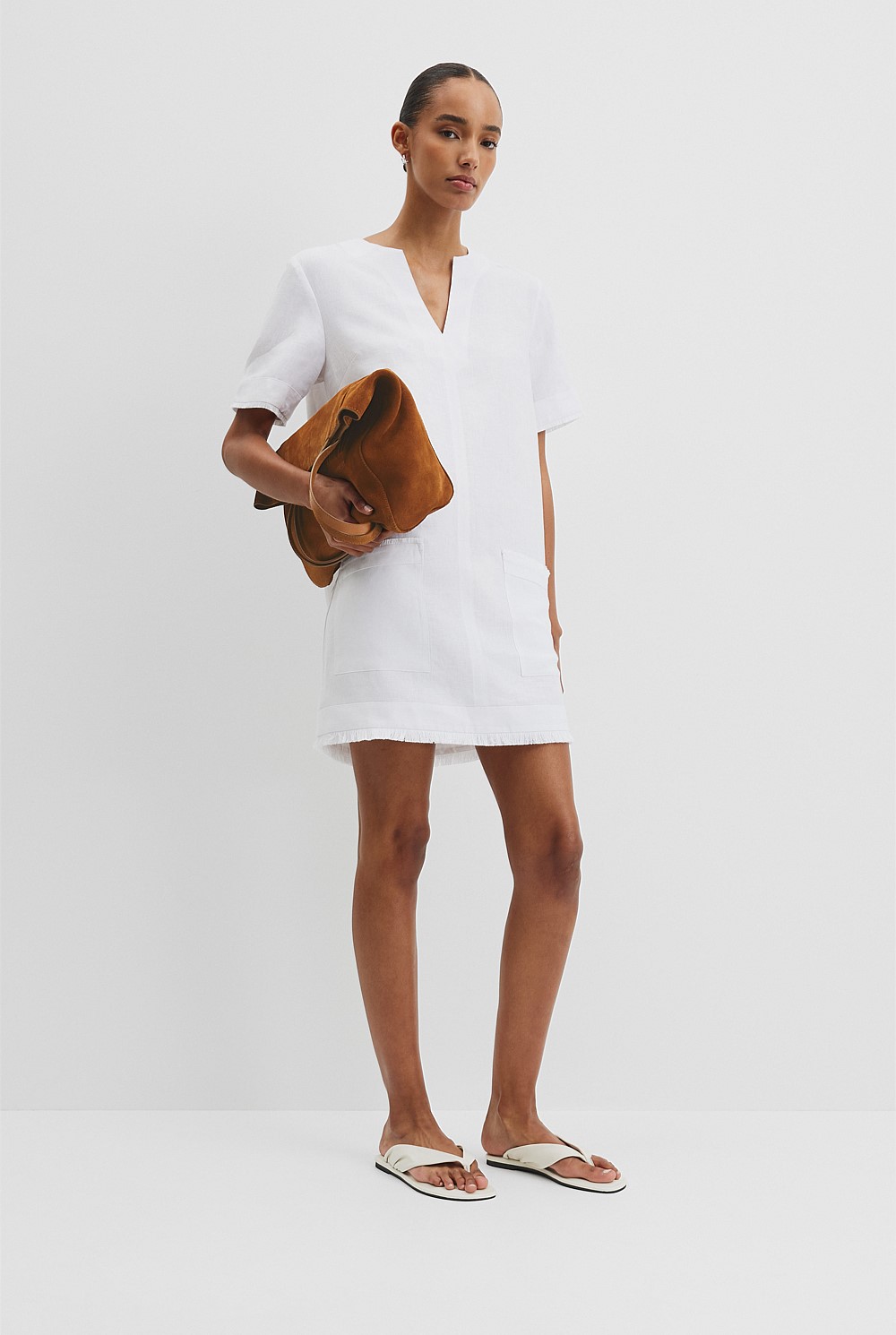 White Organically Grown Linen Frayed Popover Dress - Event