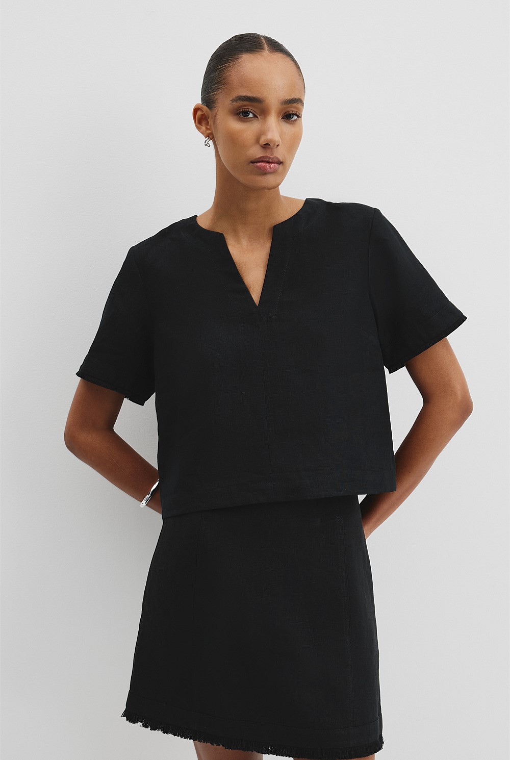 Black Organically Grown Linen Frayed Popover Top - Work | Country Road