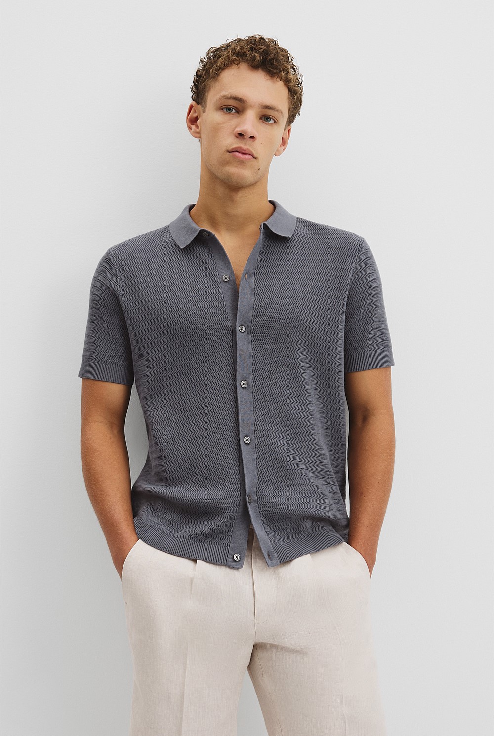 Ash Blue Organic Cotton Wave Knit Shirt - The Office Edit