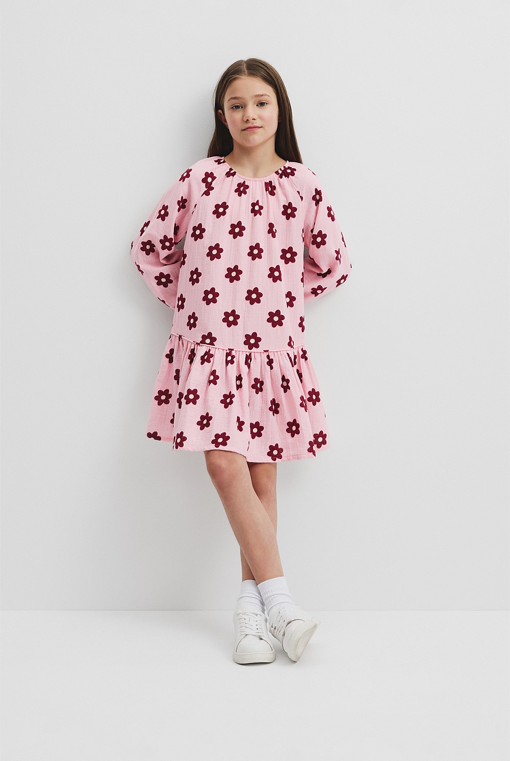 Pink Floral Drop Waist Long Sleeve Dress - Dresses | Country Road
