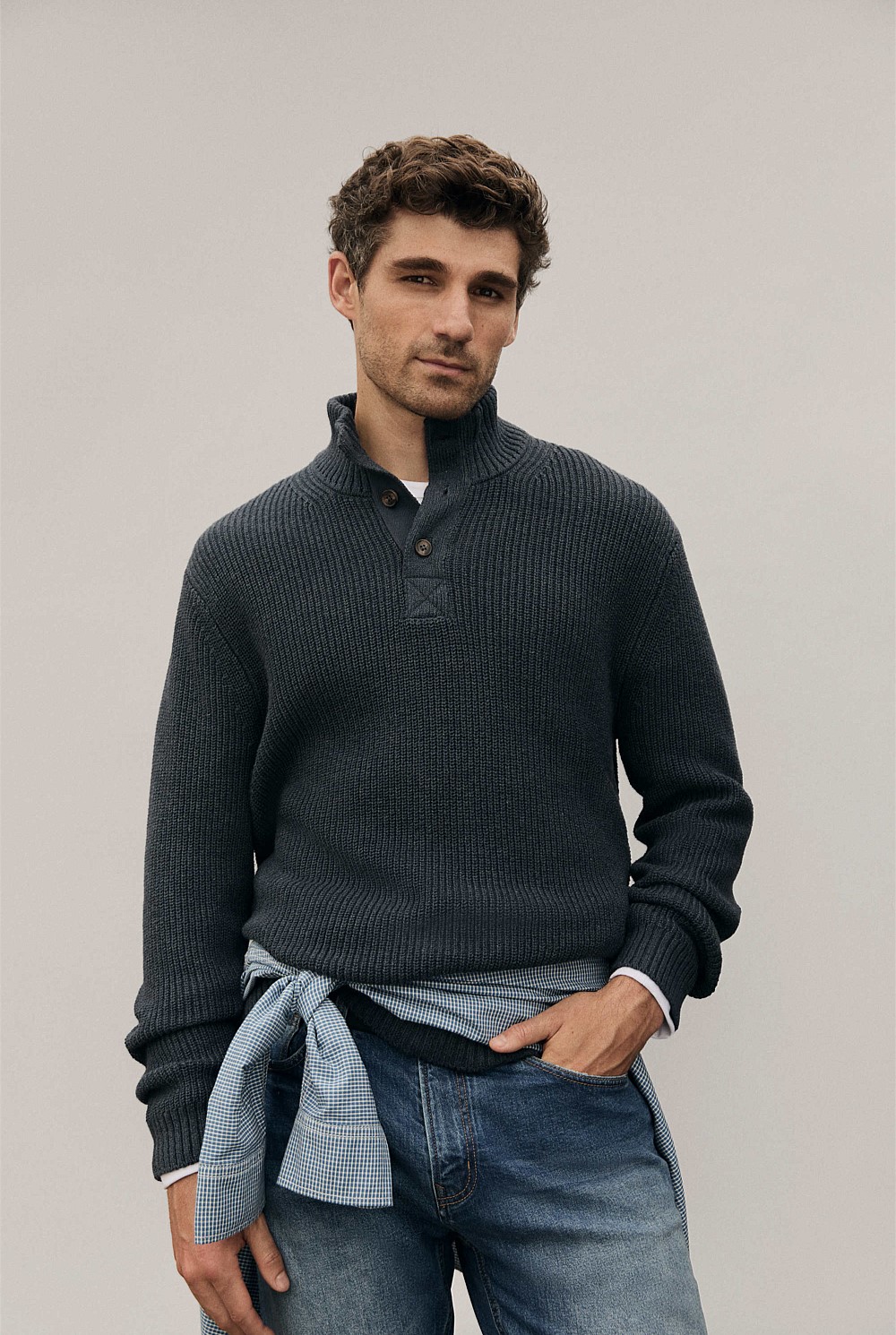 Midnight Navy Workwear Australian Cotton Funnel Neck Knit