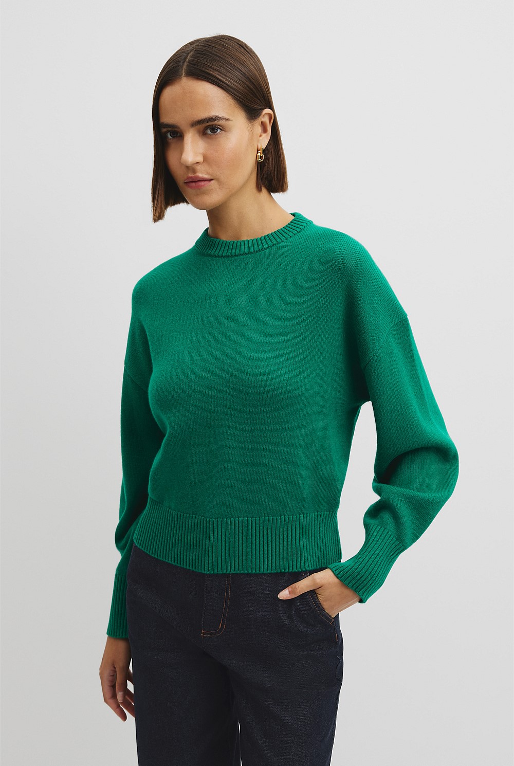 Emerald Organically Grown Cotton Blend Crop Crew Neck Knit