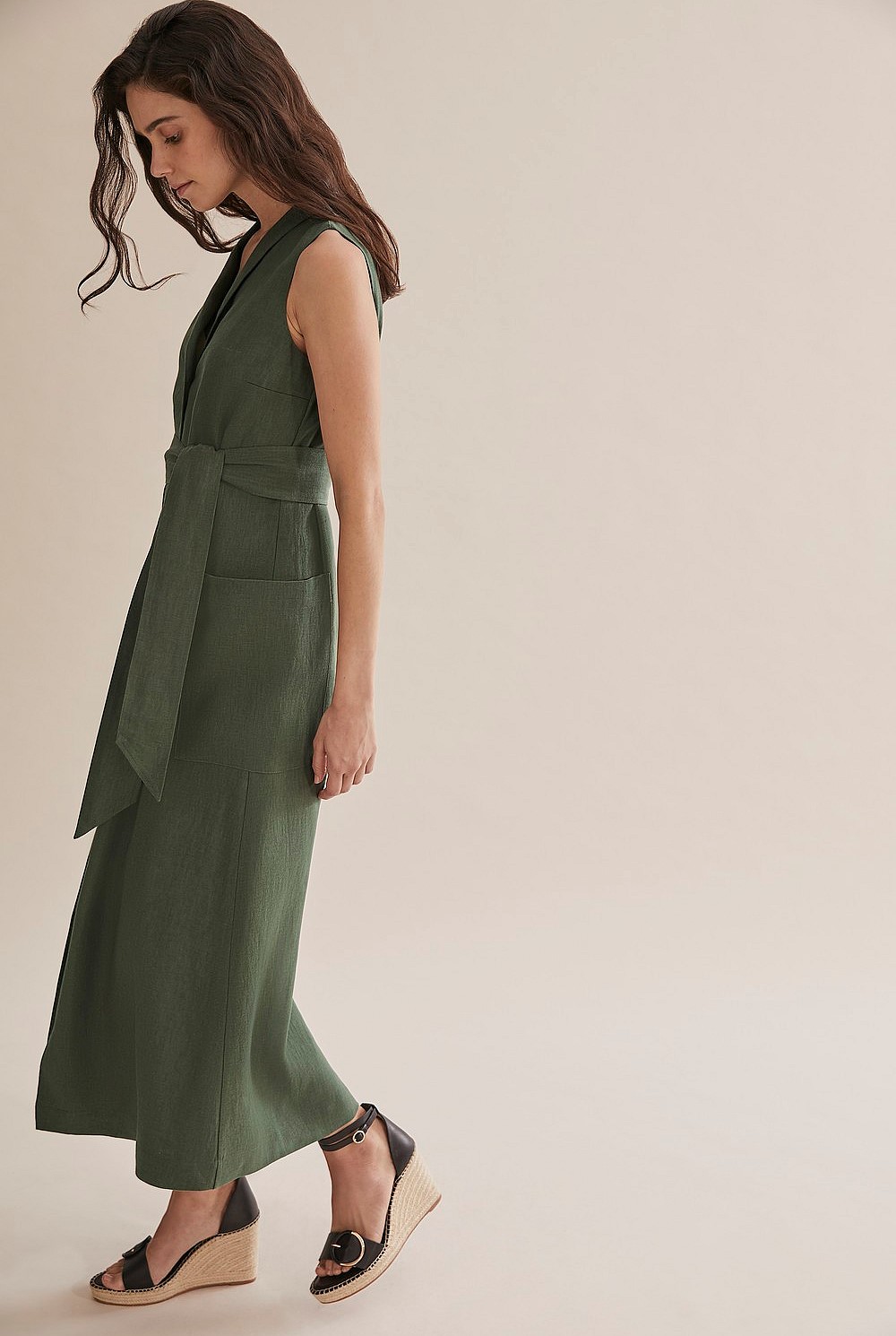 Moss Green Linen Button Front Maxi Dress - Dresses | Country Road