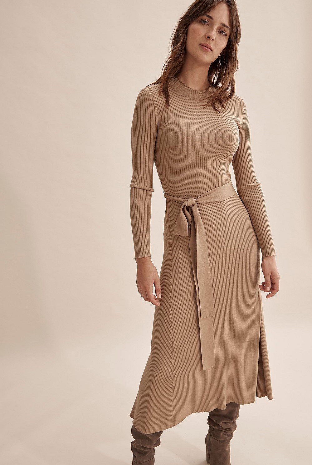 Camel Rib Knit Long Sleeve Dress - Knitwear | Country Road