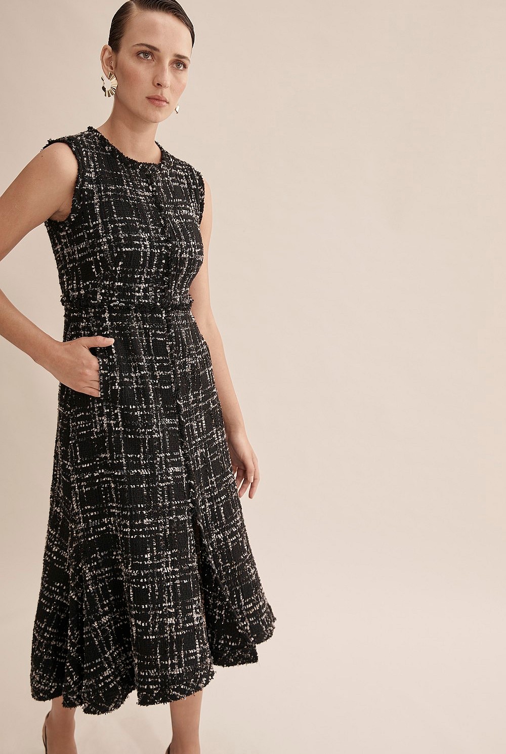 knee length dresses for ladies Donna Karan Women's Tweed Sheath Midi Dress - Black main image 1