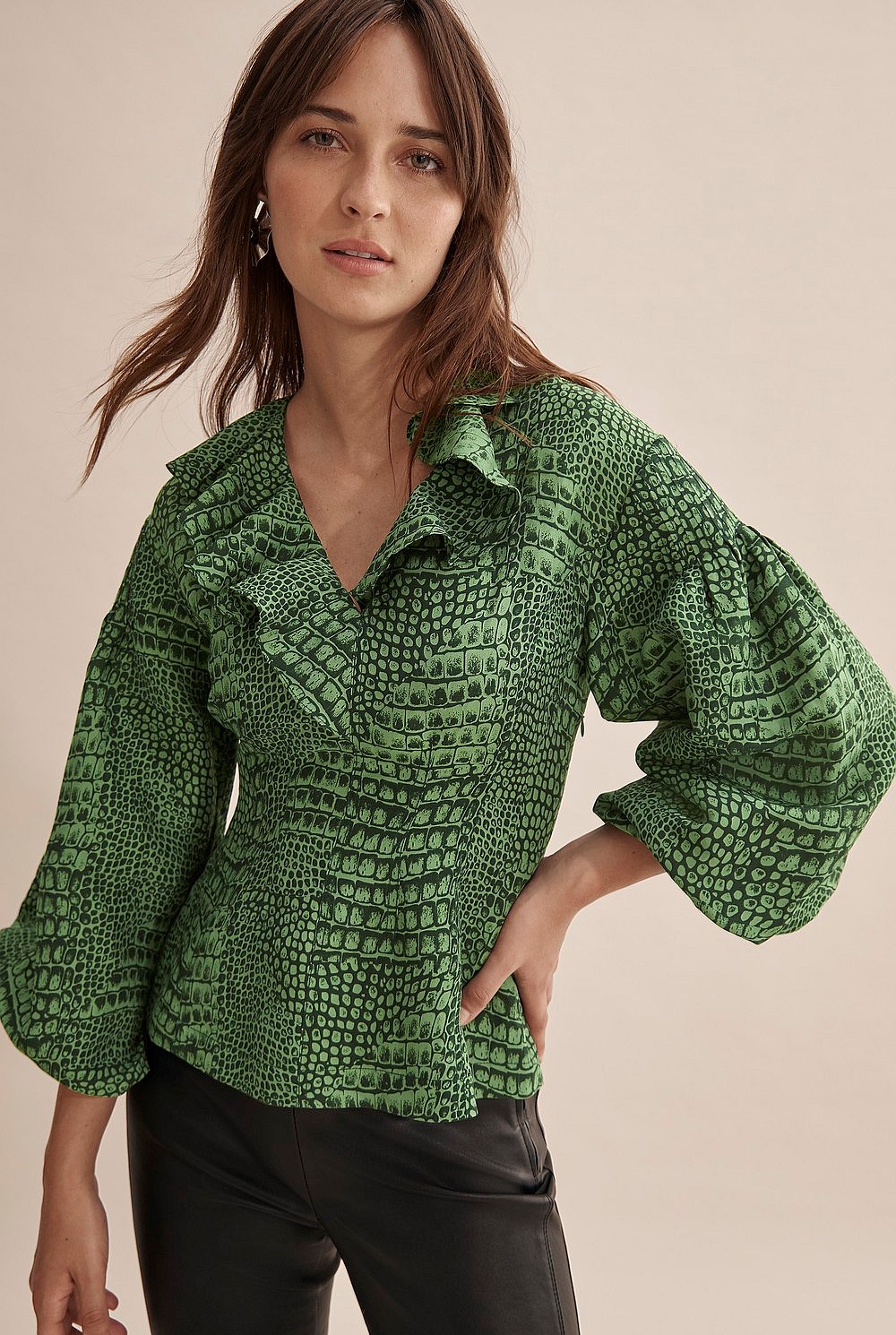 Bottle Green Frill Neckline Blouse - Shirts | Country Road
