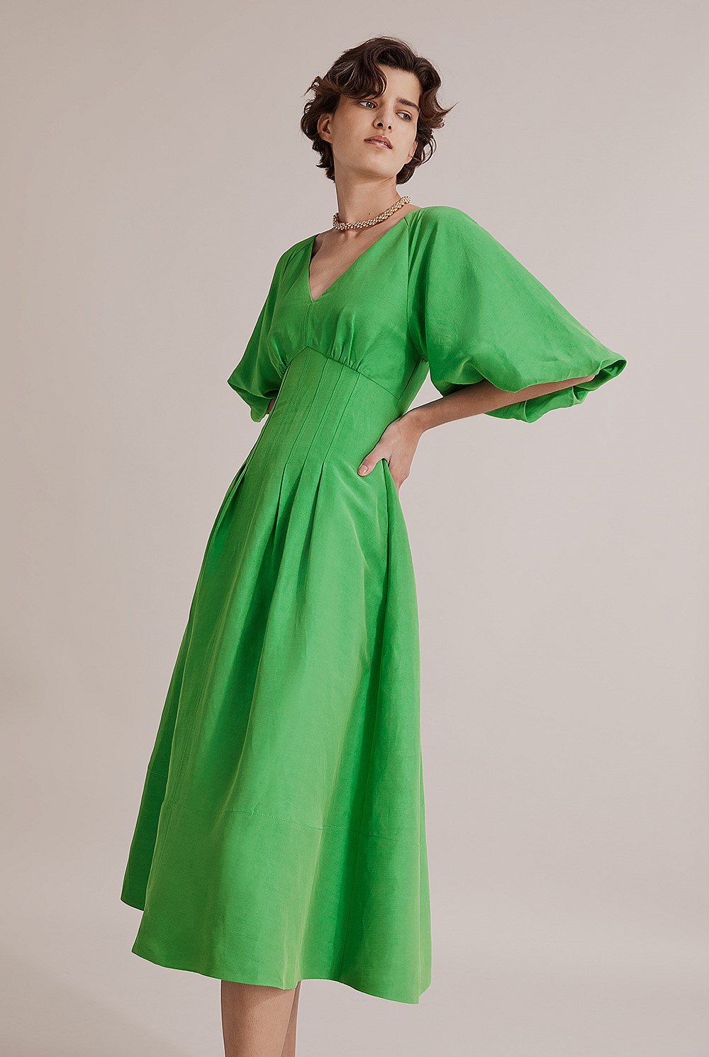 green midi dress with sleeves Clover Fields 100% Cotton Green Midi Dress main image 1