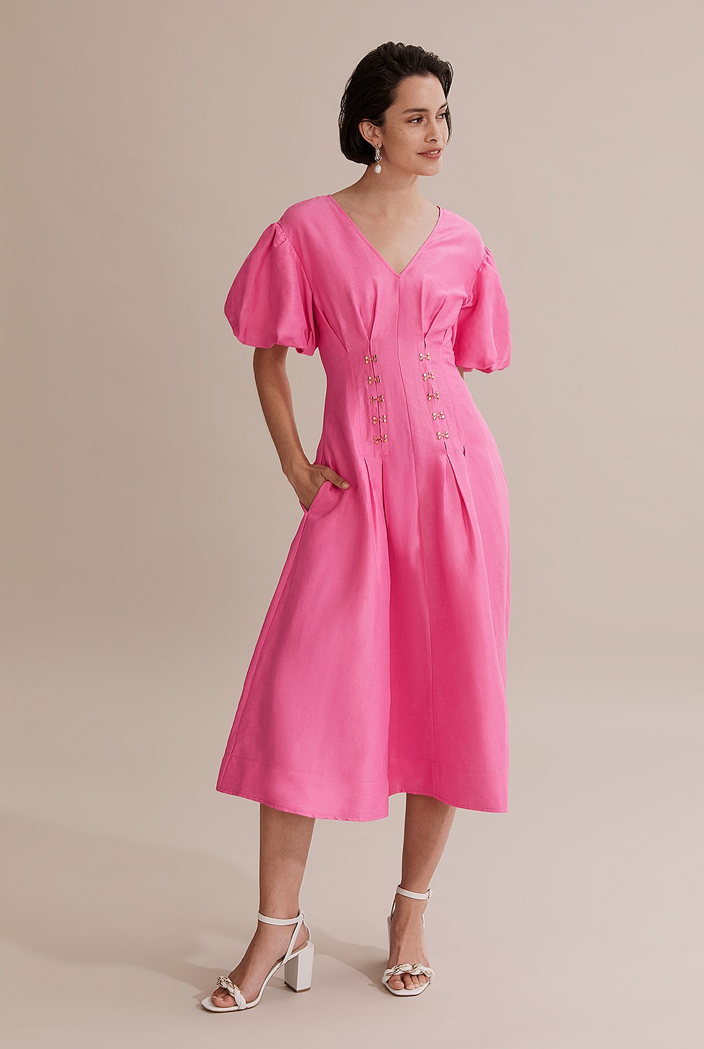 dresser with gold knobs Pink Draped Midi Dress with Long Sleeves – shopaleena main image 0