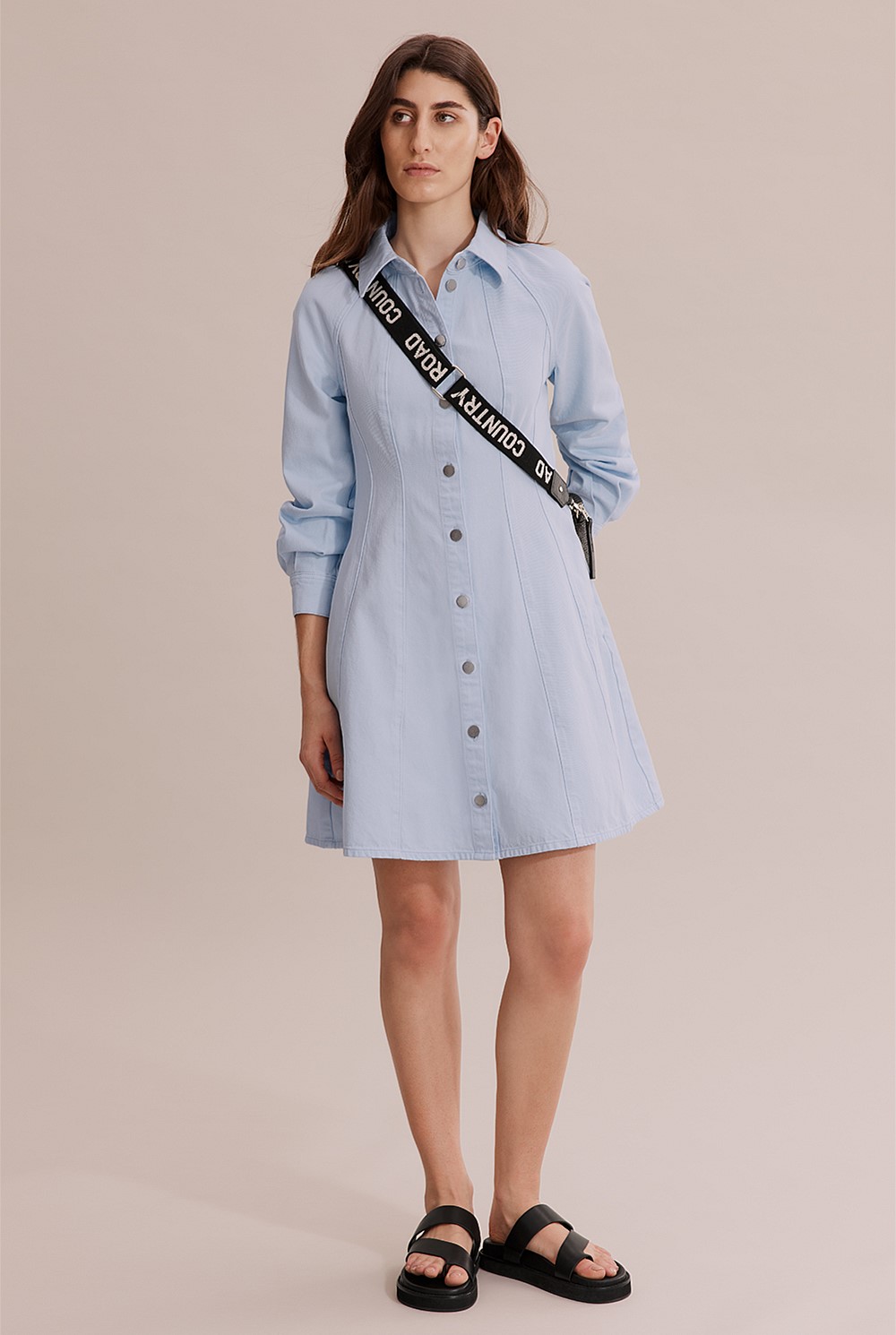 Pale Blue Cotton Denim Panelled Mini Dress - Australian Grown | Country Road