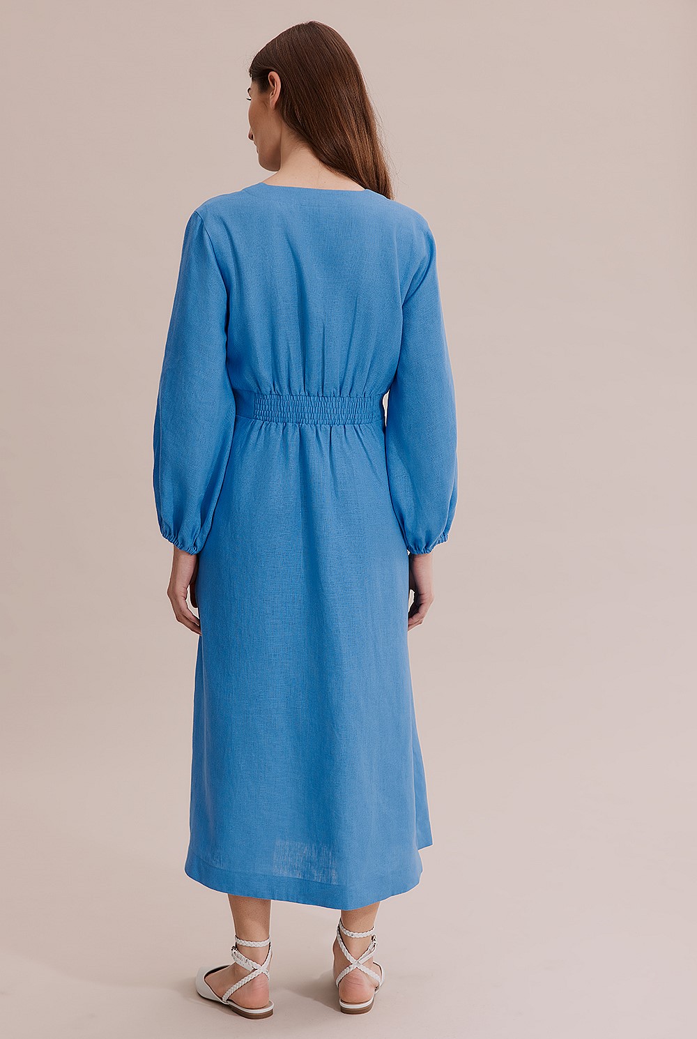 Ocean Blue Linen Dart Front Midi Dress - Natural Fibres | Country Road