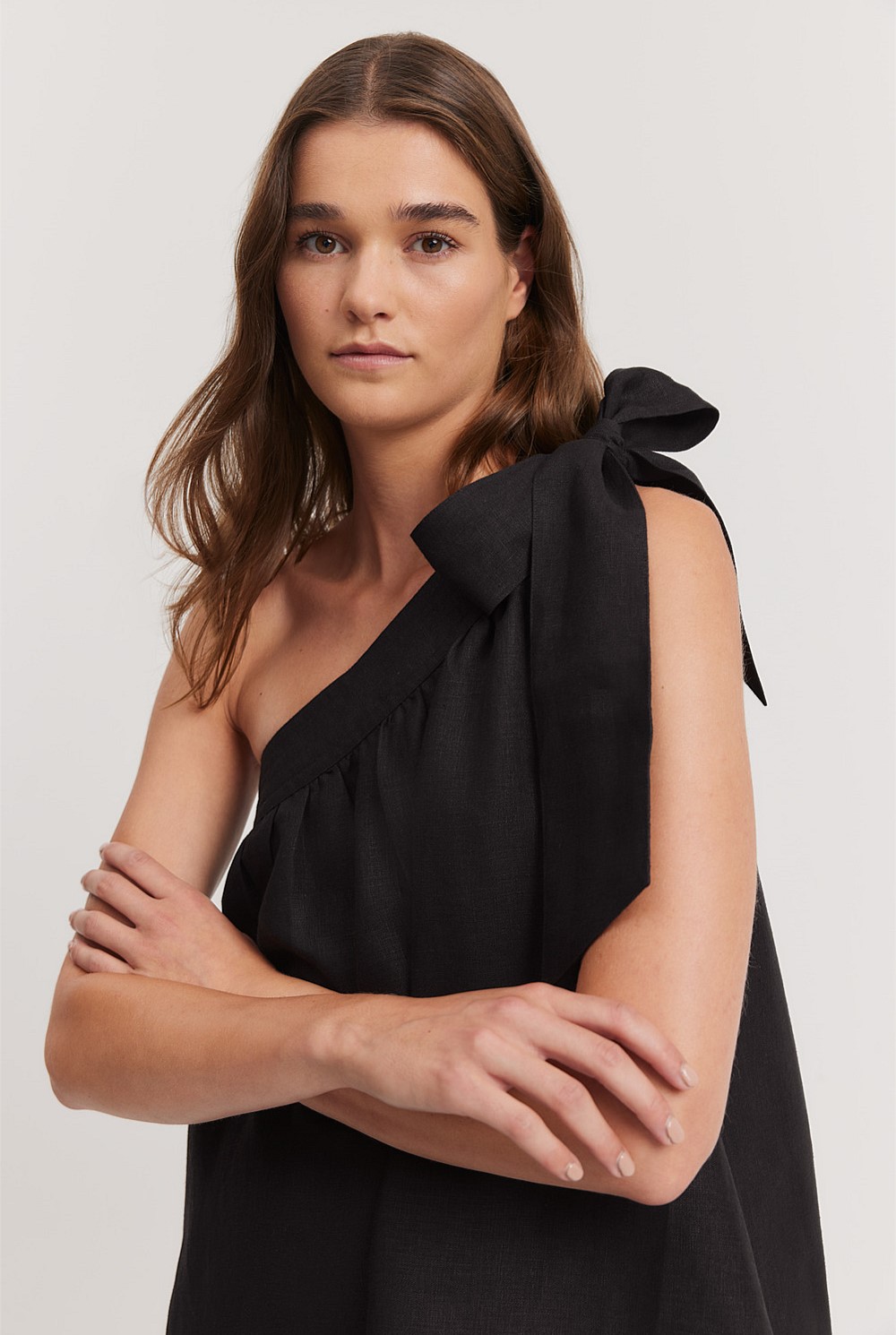 Black Linen Asymmetrical Mini Dress - Natural Fibres | Country Road