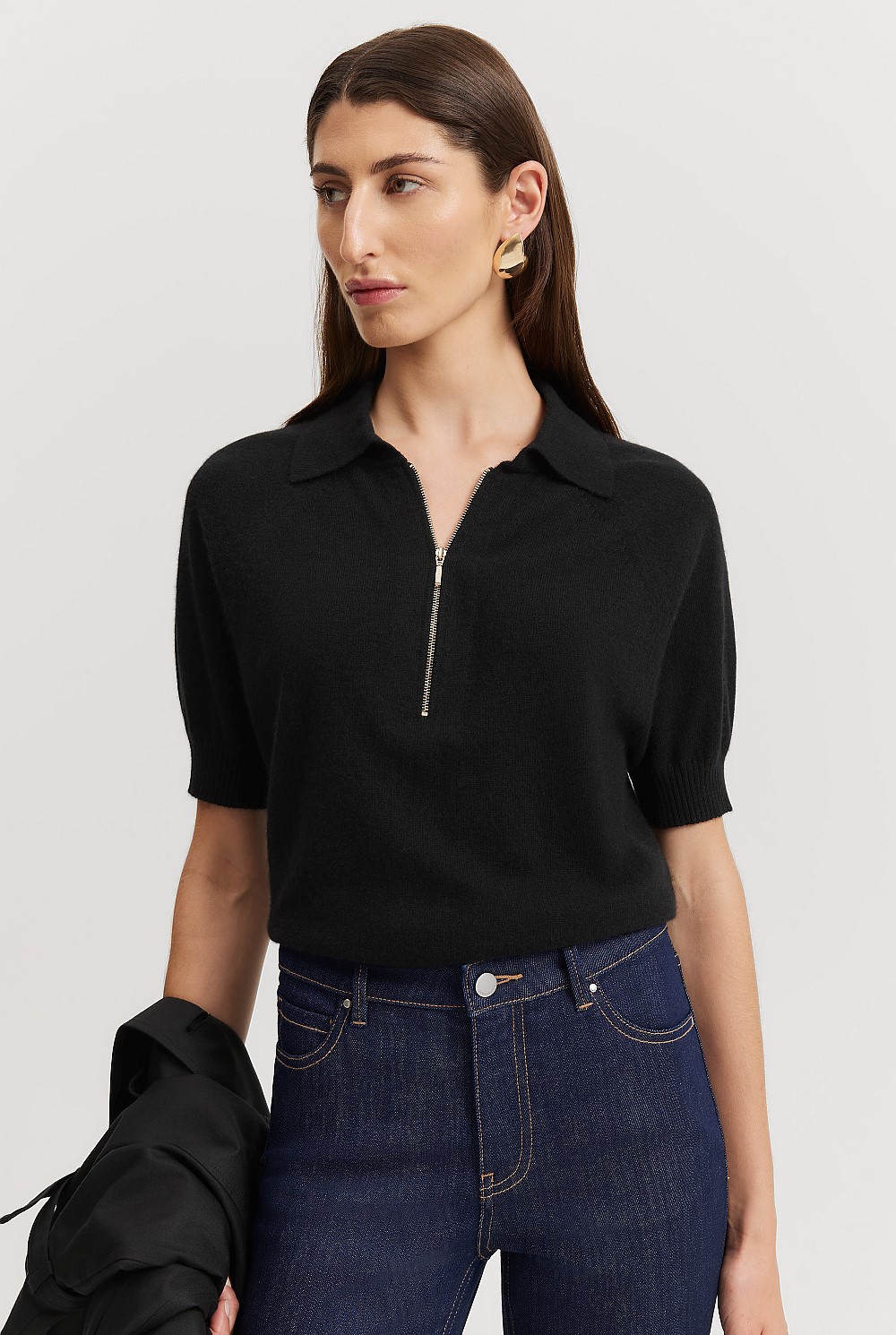 Black Cashmere Blend Zip-Through Knit Polo - Natural Fibres