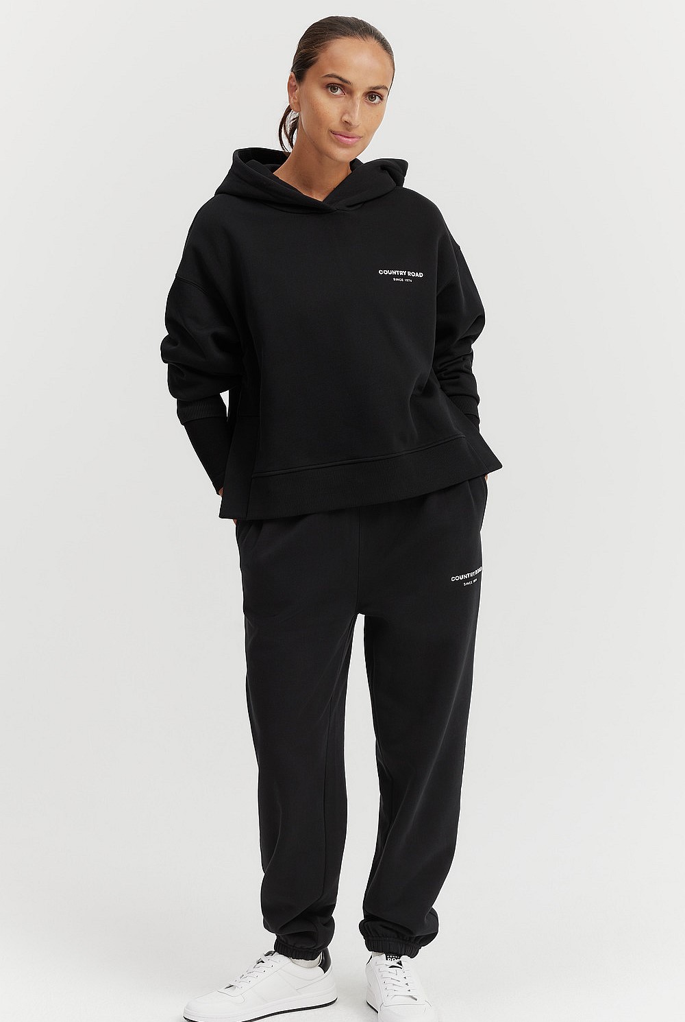 Black Cotton Cropped Hooded Sweat - Sweats | Country Road