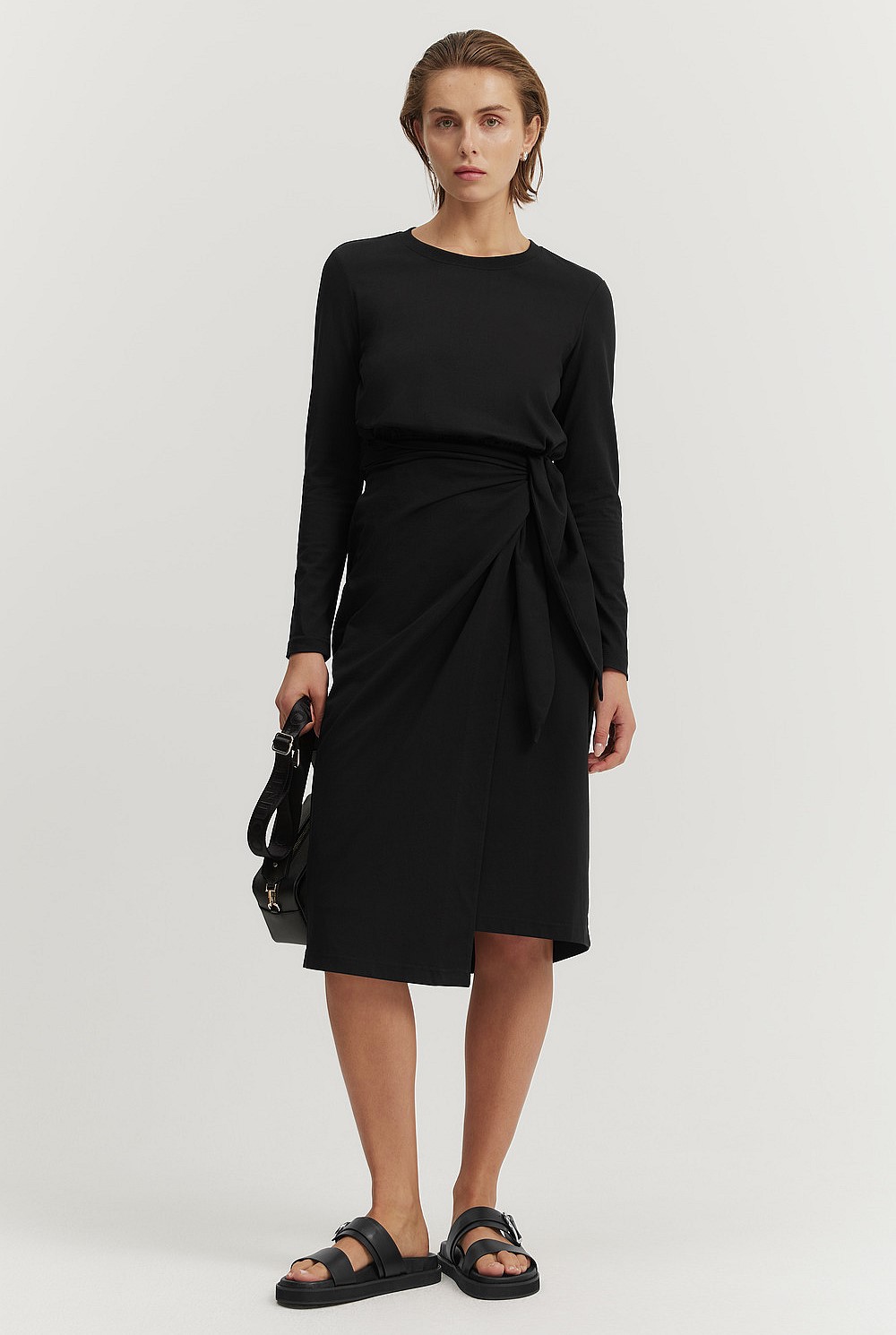 Black Cotton Long Sleeve Tie Front Dress - Work | Country Road