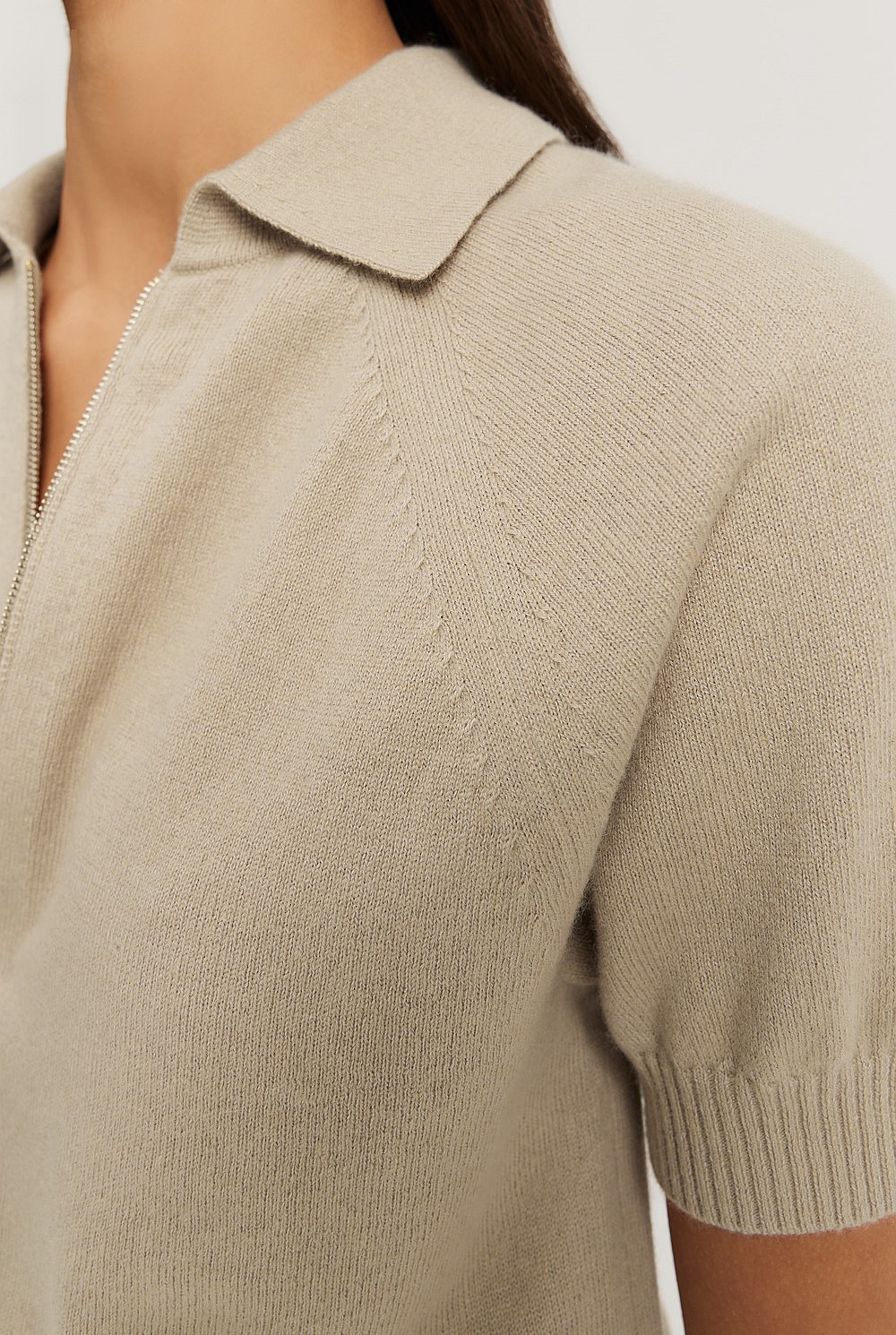 Taupe GCS-certified Cashmere Blend Zip-Through Knit Polo